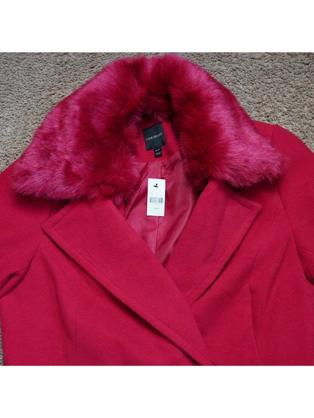 NWT Lane Bryant Trench Coat Womens 14/16 Red Removable Faux Fur Collar Belt - Picture 11 of 15